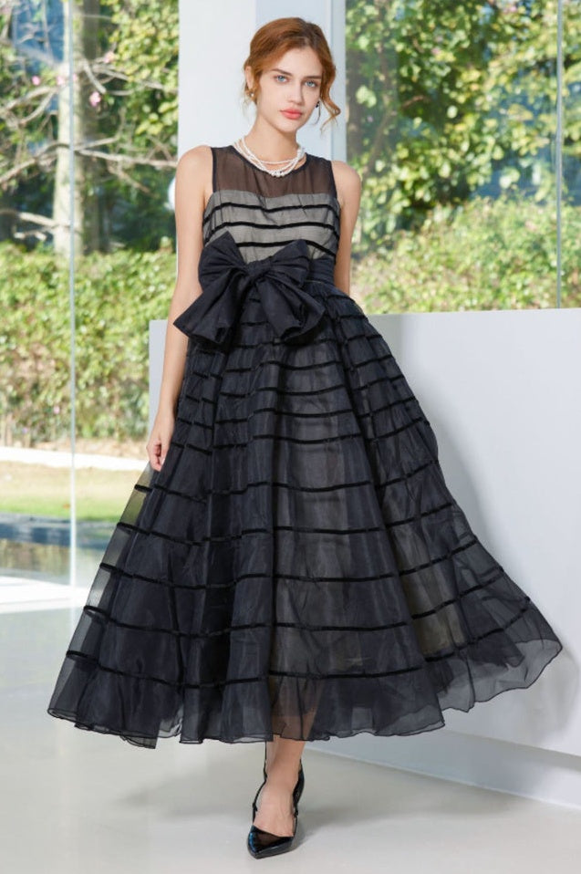 Robe Longue Maxi à Col Rond avec Nœud Papillon