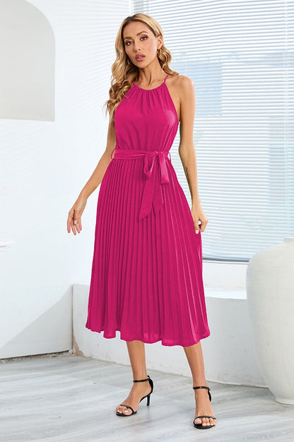 Robe Midi Évasée à Bretelles Spaghetti et Taille Cintrée Plissée