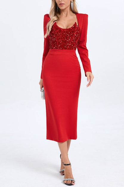 Robe Midi à Manches Longues Brodée de Sequins