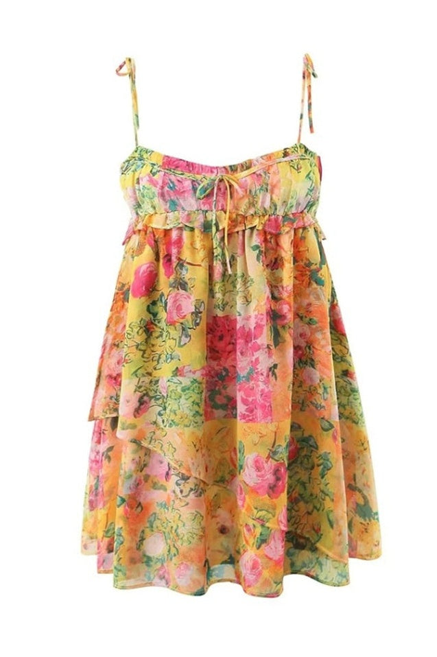 Robe Mini Empire Taille Haute en Chiffon Imprimé Floral