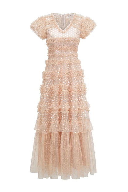 Robe Maxi en Tulle à Volants Superposés et Paillettes