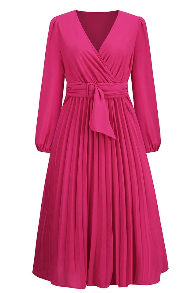 Robe V à Col en V avec Ceinture Plissée