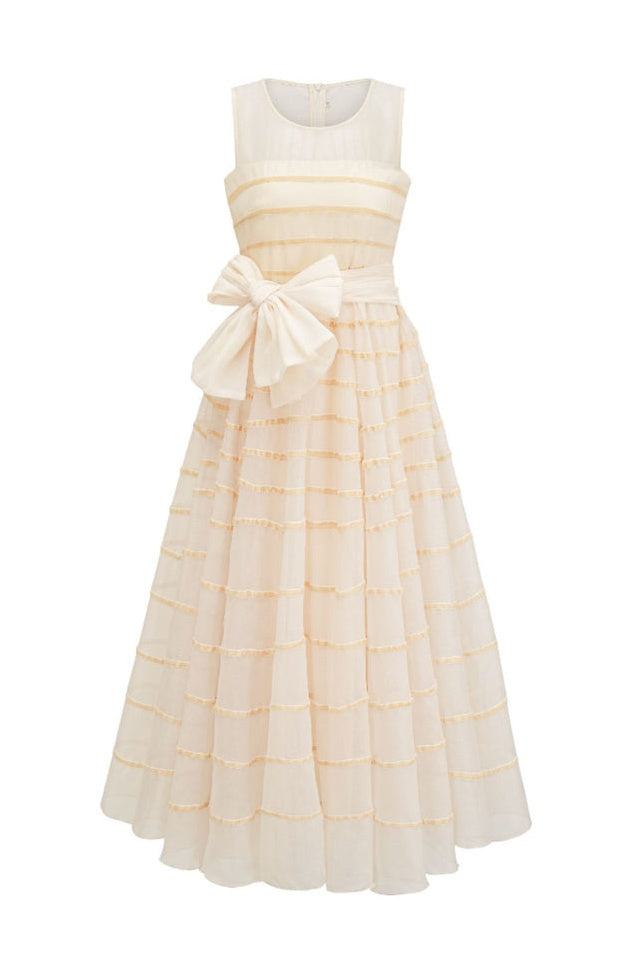 Robe Longue Maxi à Col Rond avec Nœud Papillon