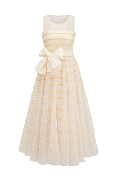 Robe Longue Maxi à Col Rond avec Nœud Papillon