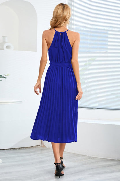 Robe Midi Évasée à Bretelles Spaghetti et Taille Cintrée Plissée