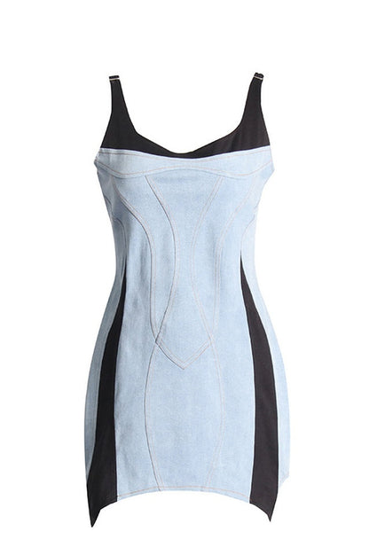 Robe en Denim Bi-Matériaux à Spirale