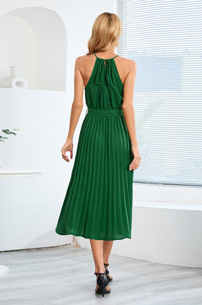 Robe Midi Évasée à Bretelles Spaghetti et Taille Cintrée Plissée