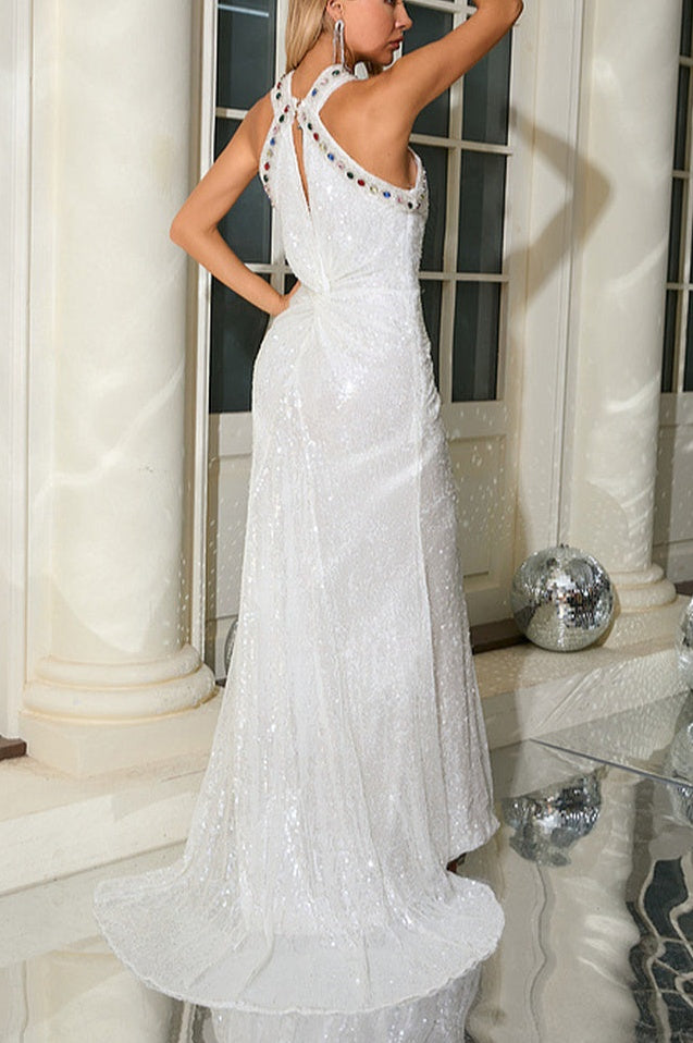 Robe Maxi à Sequin Blanc Bobbie Halter