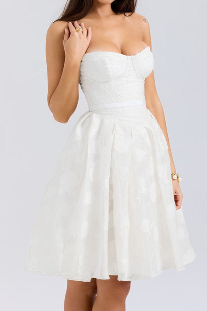 Robe Mini Brodée en Jacquard à Corsage Sans Bretelles