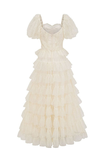 Robe de Cérémonie Évasée à Volants Décolleté Bardot