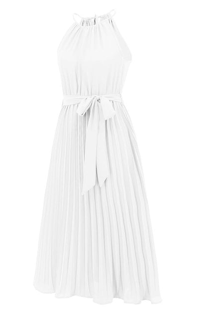 Robe Midi Évasée à Bretelles Spaghetti et Taille Cintrée Plissée