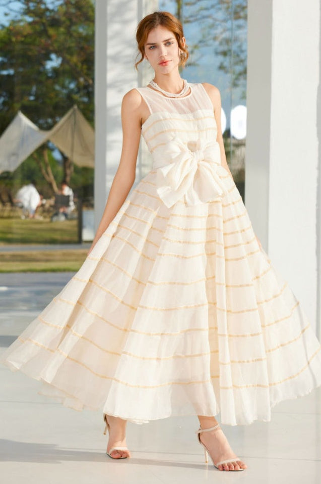 Robe Longue Maxi à Col Rond avec Nœud Papillon