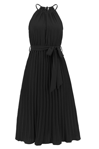 Robe Midi Évasée à Bretelles Spaghetti et Taille Cintrée Plissée