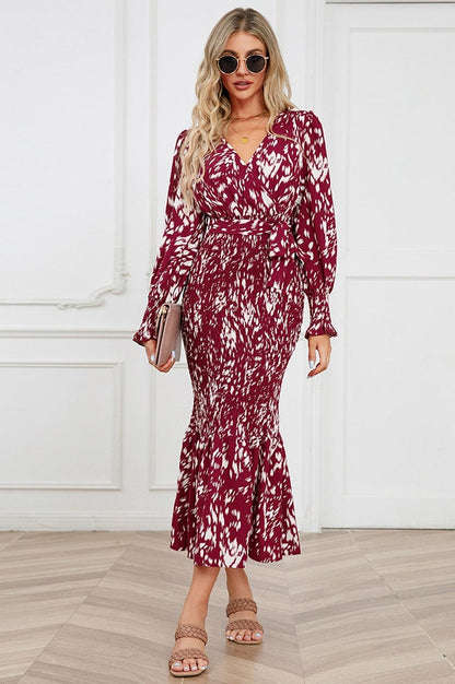 Robe Midi Smockée Imprimée à Col V