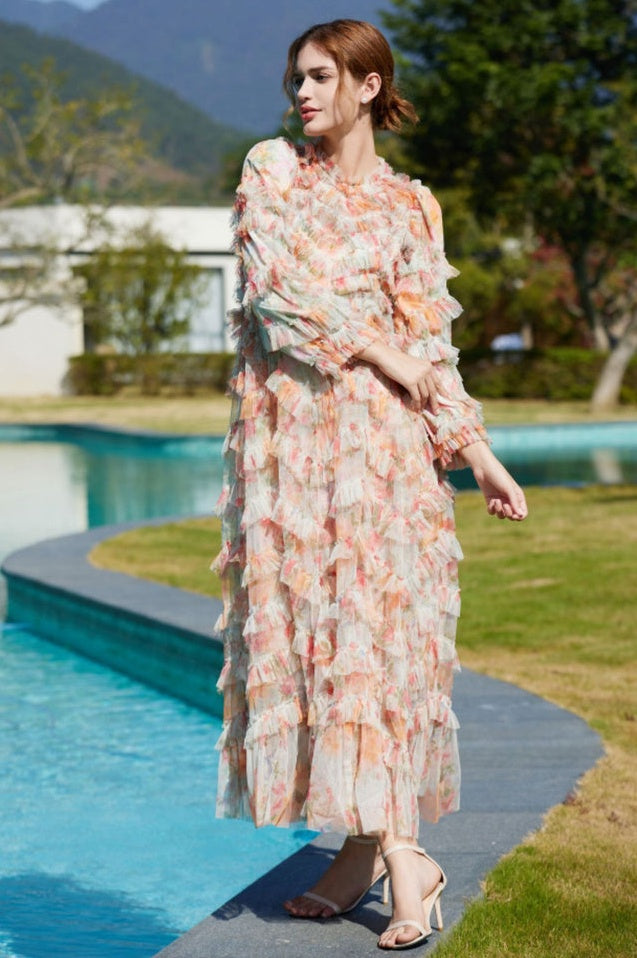 Robe Maxi en Tulle Imprimé à Froufrous Floraux
