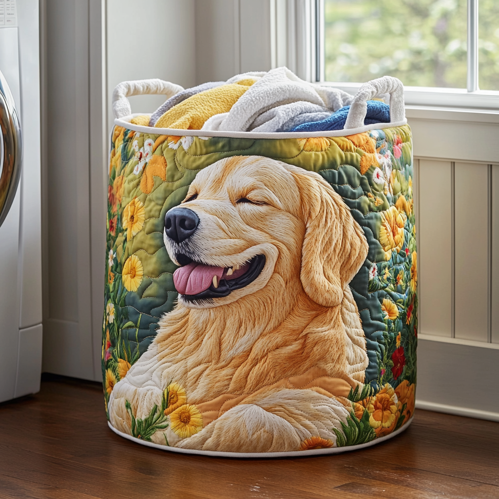 Panier à linge matelassé – Golden retriever et fleurs