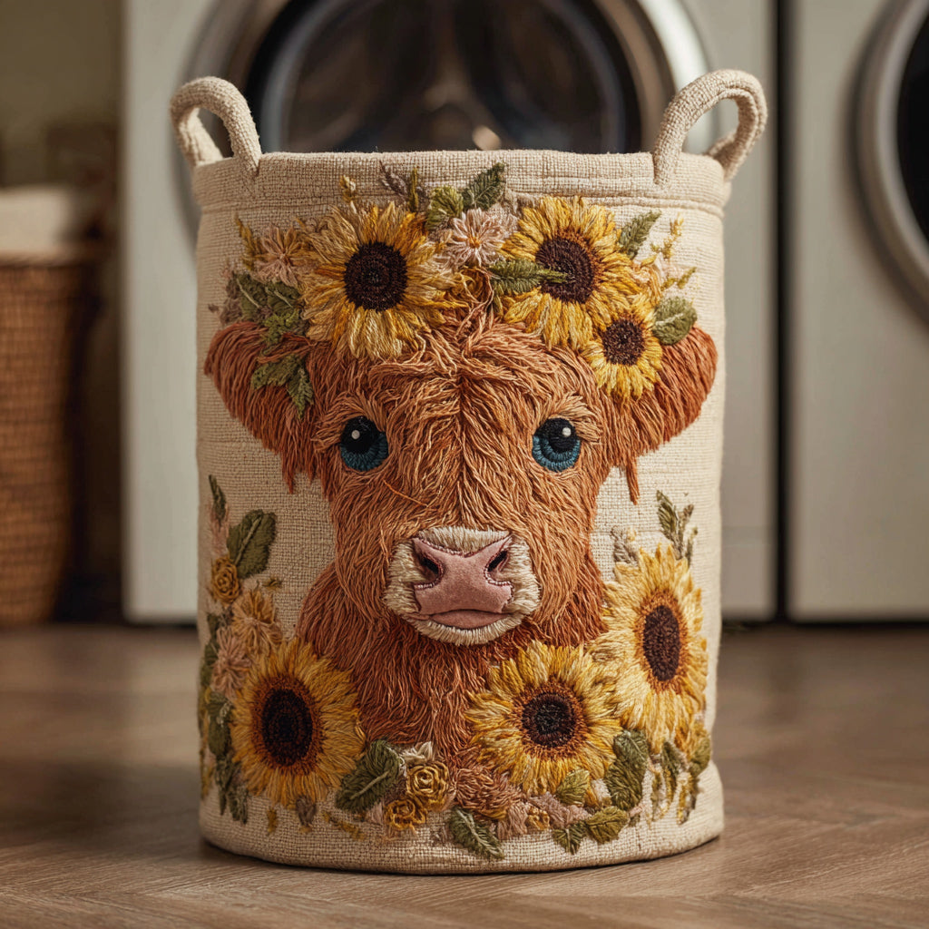 Panier à linge matelassé – Vache Highland et fleurs