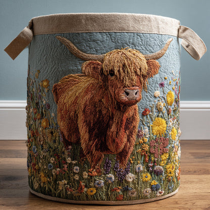 Panier à linge matelassé – Vache Highland et fleurs