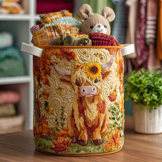 Panier à linge matelassé – Vache Highland et fleurs