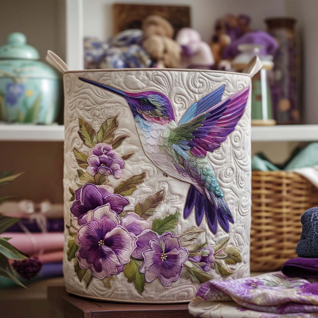 Panier à linge matelassé – Colibri et fleurs