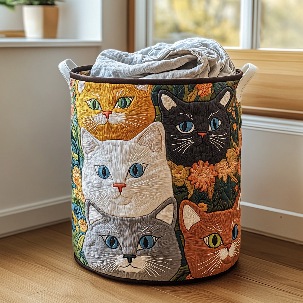 Panier à linge matelassé – Chats et fleurs