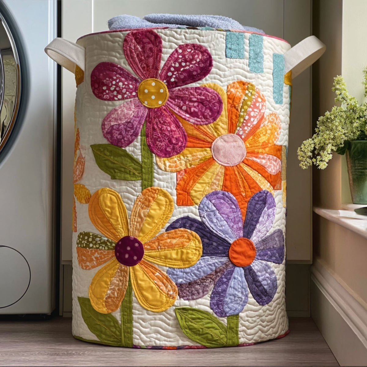 Panier à linge matelassé – Patchwork floral